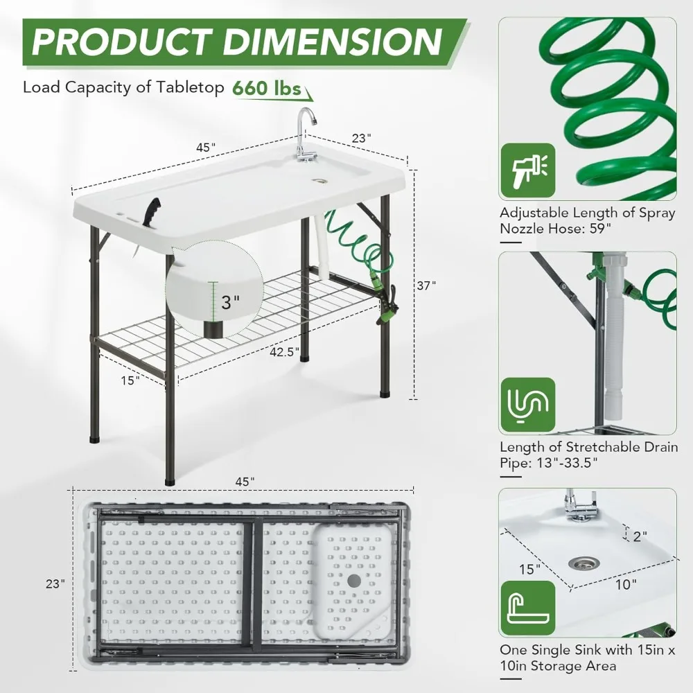 Fish Cleaning Table with Sink Portable Folding Camping Table w/ 360° Swivel Faucet, Powerful Spray Nozzle, Sharpy Handy Knife, S