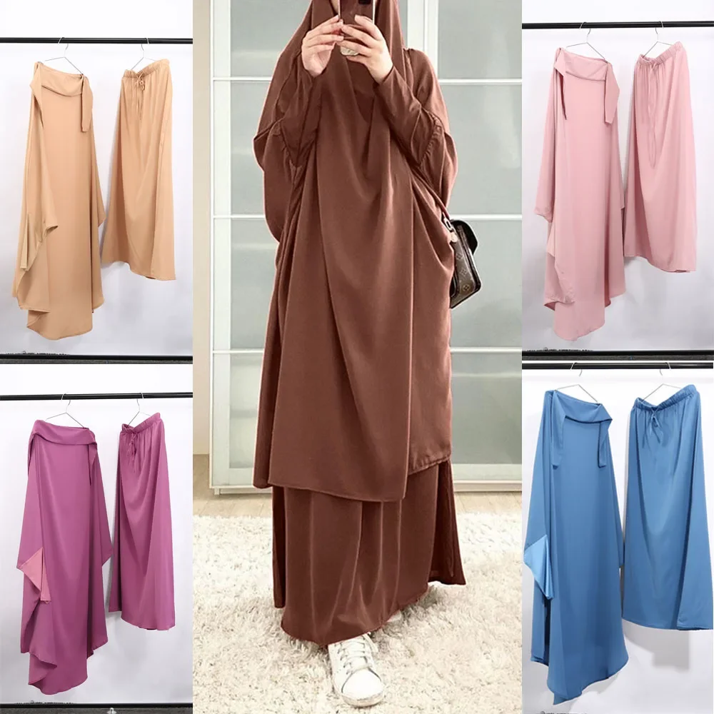 Eid Hooded Abaya 2 Piece Set Khimar Djellaba Women Muslim Prayer Garment Hijab Dress Ramadan Skirt Robe Islam Clothing Jalabiya