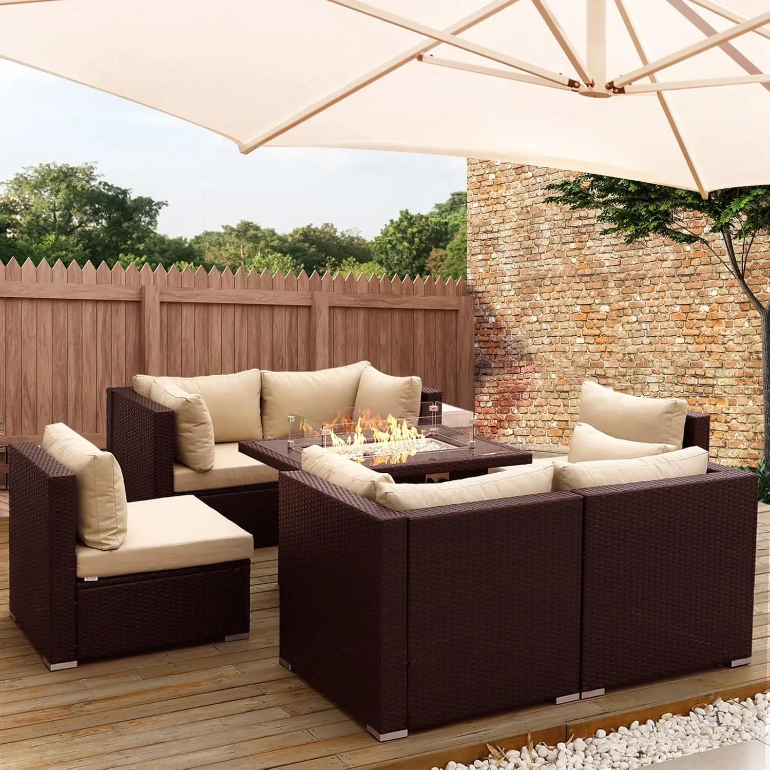 

7 Pieces PE Wicker Patio Furniture Set Sectional High Back Large Size Sofa Sets with Propane Fire Pit Table 55000 BTU