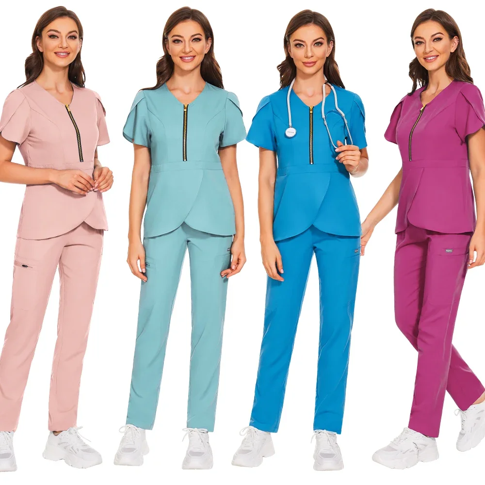 Customizable LOGO Women Medical Uniforms Elastic Beauty Workwear Hospital Scrubs Set Surgical Tops Pants Nursing Accessories