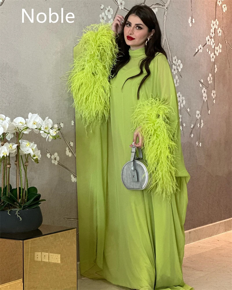 Noble Chartreuse High Neckline Prom Dress Floor-Length With Feathers Evening Summer Elegant Party Dress For Women2023