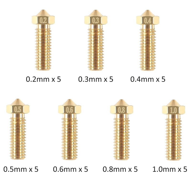 35Pcs Brass Nozzle Kit 0.2Mm 0.3Mm 0.4Mm 0.5Mm 0.6Mm 0.8Mm 1.0Mm 3D Printer Nozzles Extra Extruder Nozzles M6