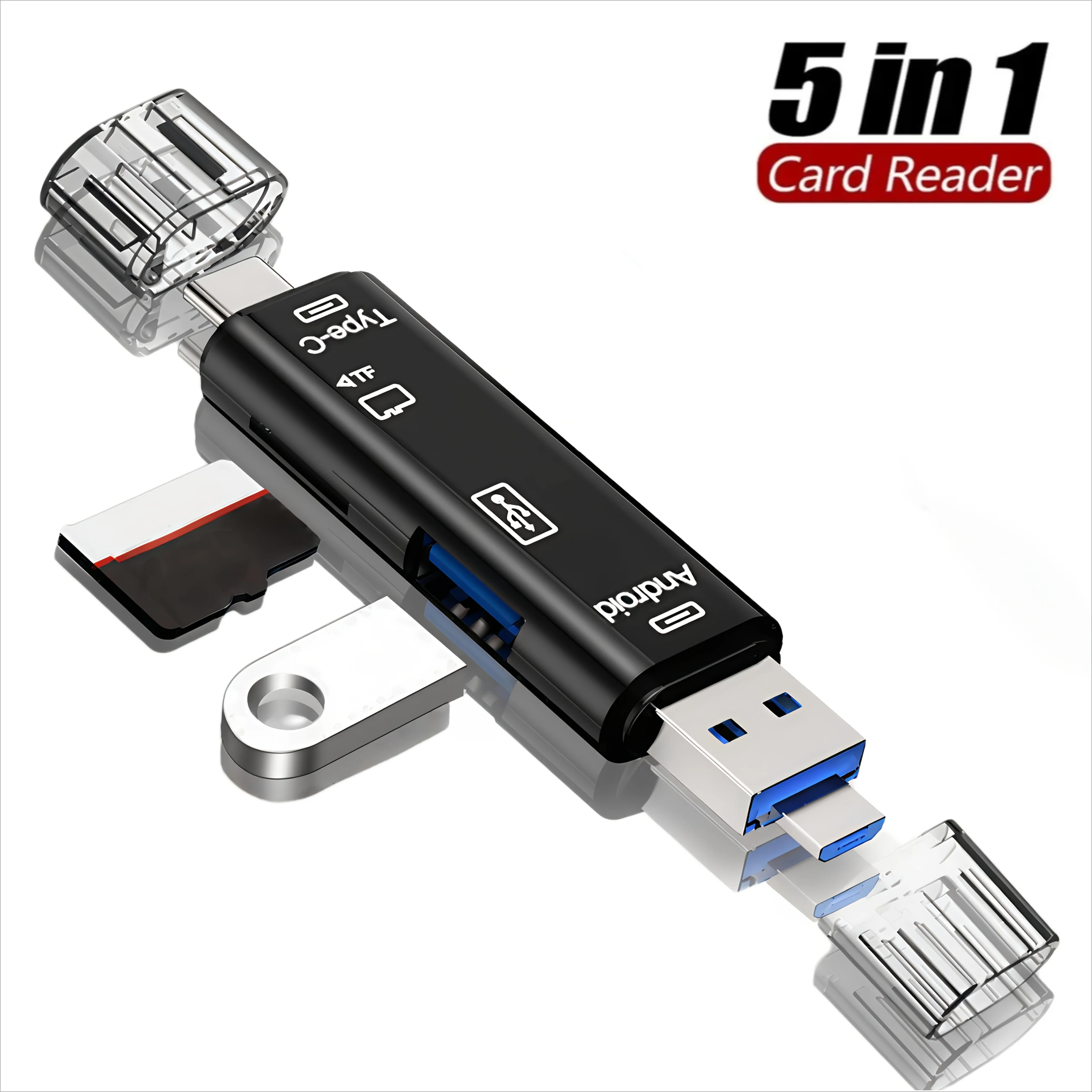 

Многофункциональный USB-адаптер 5-в-1 предназначен для считывания карт SD, устройств чтения карт Micro SD/TF и адаптеров Micro SD на USB C OTG