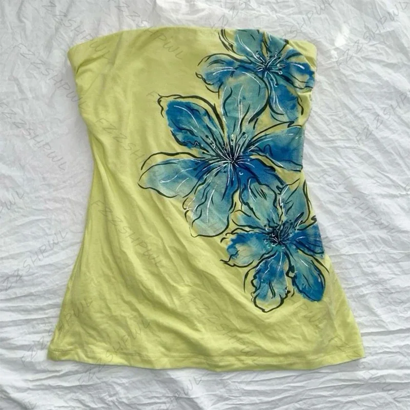 

Solid color flower patchwork pattern tube top casual versatile Harajuku retro Y2K crop top emotional girl rock punk women's tank