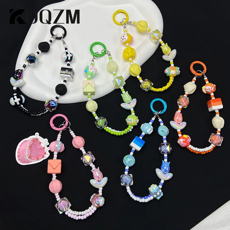 Macaroon Flowers Beaded Bracelet Lanyard Envelope Phone Charm Keychain Bag Pendant Wrist Strap Anti-Lost Chain Phone Strap