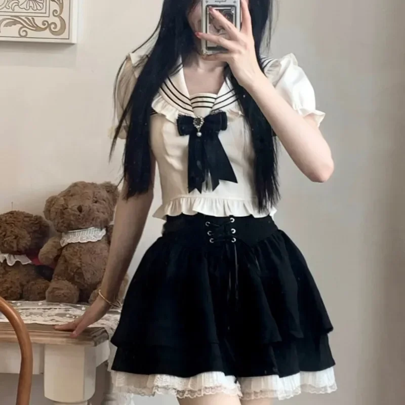 Two Piece Sets Womens Outifits Navy Collar Bow Fungus Lace Top Tied Lace Black Sweet Skirt Set Cute Kawaii Suit Long Sleeve