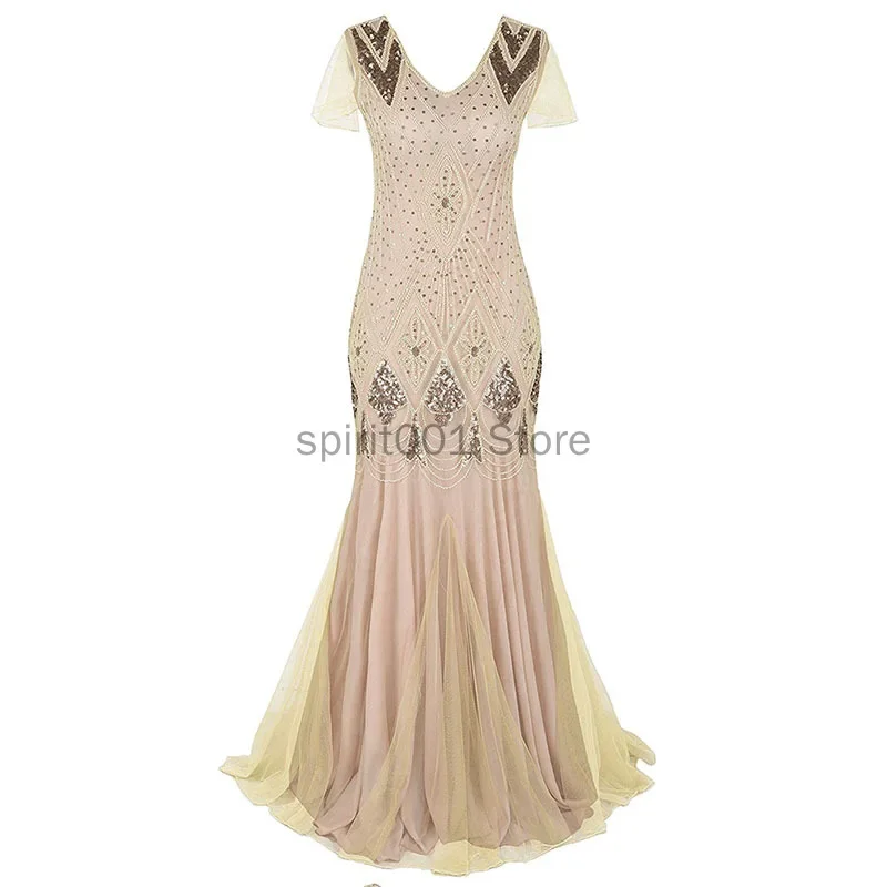 1920s Gatsby Party Length Dress Vintage Women Sequins Maxi Dresses Beaded Flapper 20s Club Party Floor-Length Dresses