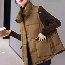 Sleeveless Down Jacket with Large Pockets for Women, Warm Vest, Sleeveless, Standing Collar, Casual, 2024 Autumn and Winter