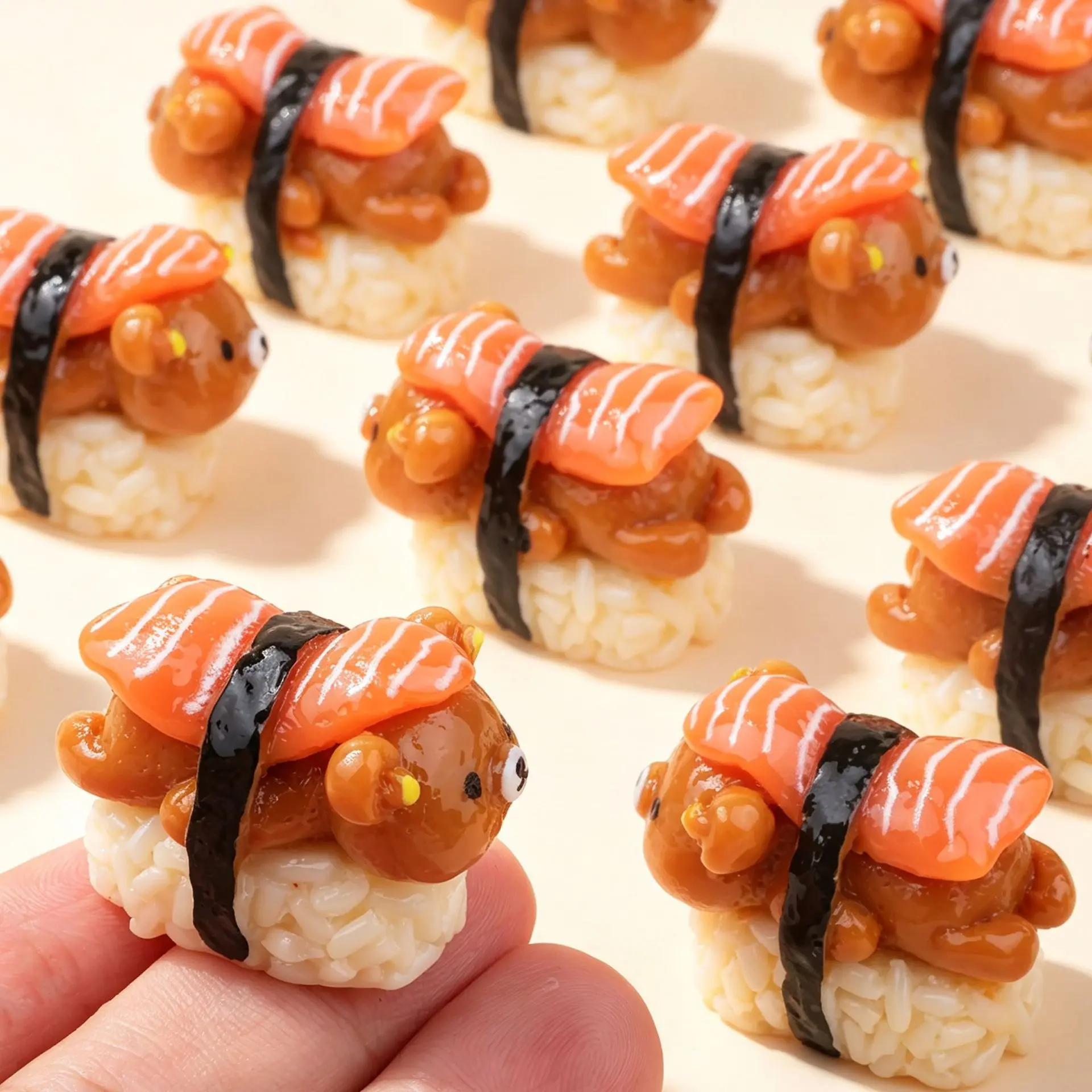 3pcs Mini Bear Salmon Sushi Hand Roll Rice Ball Japanese Food Model Resin Miniature Accessory DIY Scene Prop Desktop Decoration