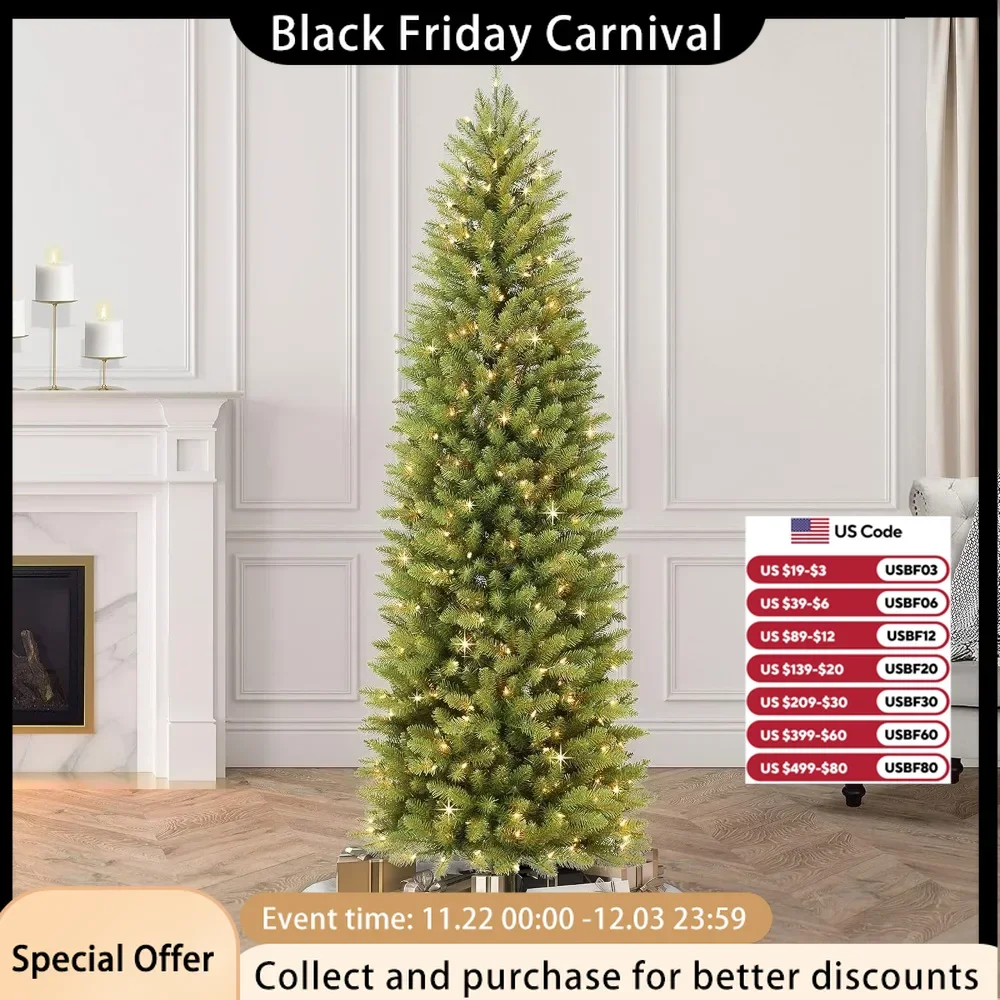 7.5FT Pre Lit Pencil Artificial Christmas Tree with 350 UL Certified Transparent Lights, Green, 32 X 32 X 90 Inches, Christmas