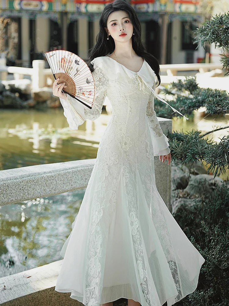 

Autumn Winter White Lace Jacquard Ruffled Doll Collar Long Dress Women Elegant Luxury Dress Gown 2025 Korean Bodycon Party Dress