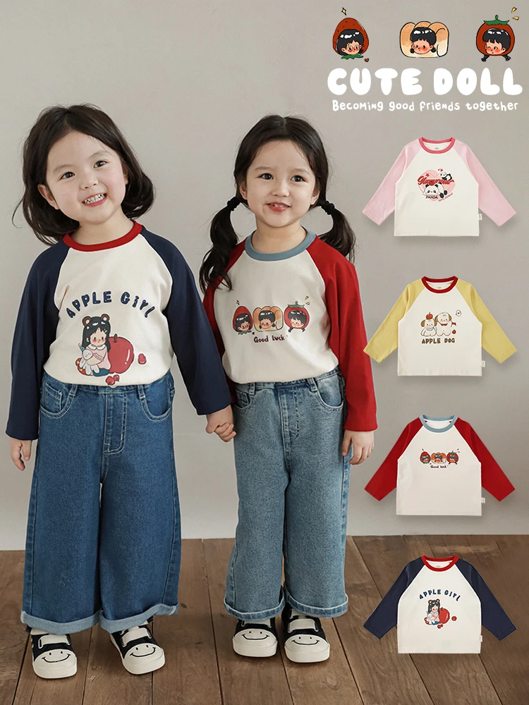 

Girls Cartoon Contrasting Raglan Sleeves T-shirt in Spring Cute Soft Casual Top Trend