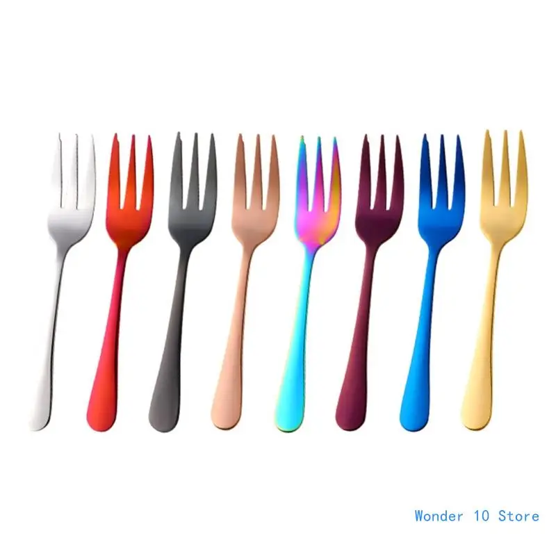 1Pc Dessert Pastry Fork Multicolor Rainbow Stainless Steel Cake Fruits Salad Appetizer Notched Small Fork for Snack