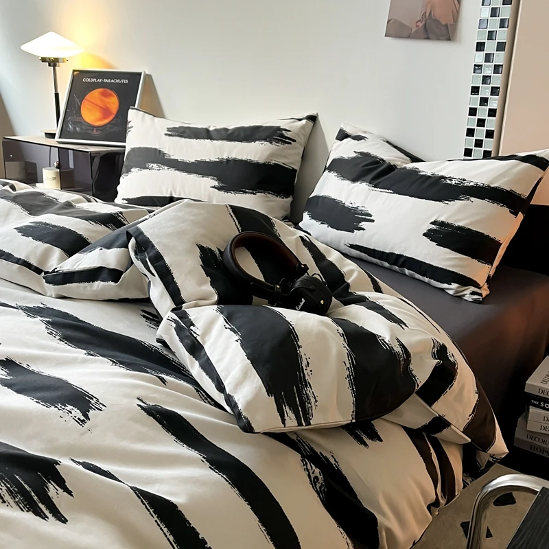 Black and White Bedding Set for Adult, Nordic Style, Stripe Dot Duvet Cover, Flat Sheet, Pillowcase,Home Textile Full, Double