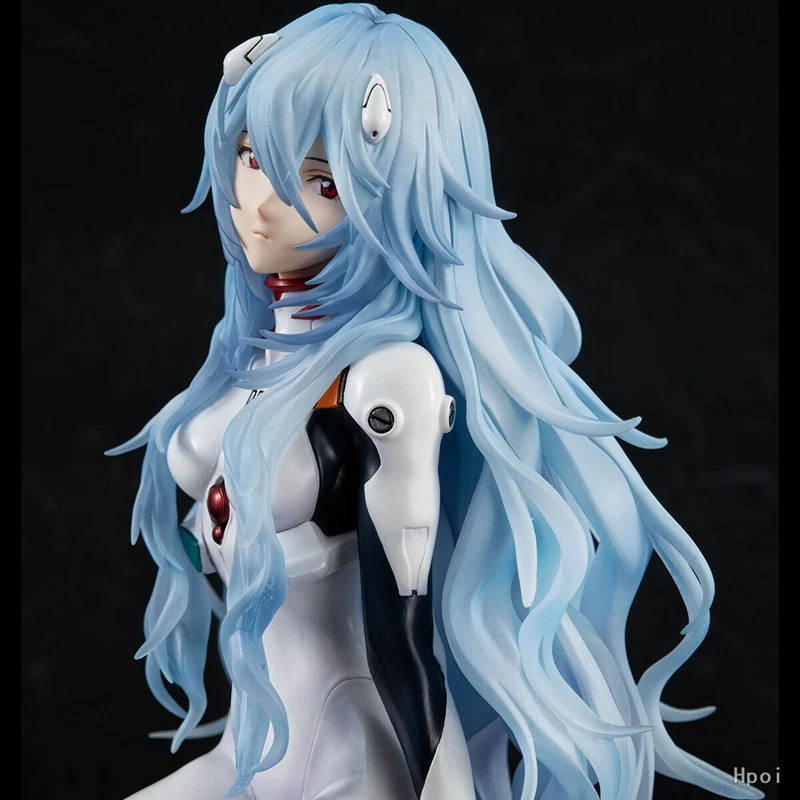 22CM Ayanami Rei Anime Figure EVANGELION Mech Suit Blue Hair Cute Girl Sitting Model PVC EVA Static Doll Car Decoration Gift