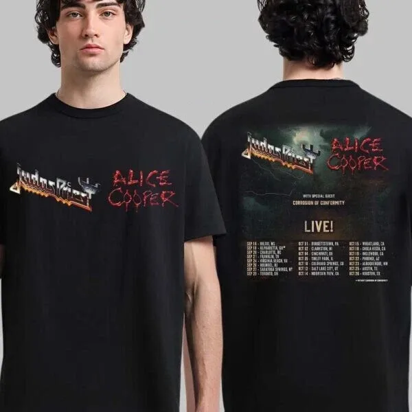 Camiseta con fechas de ciudades de otoño de Judas Priest y Alice C North American Tour 2025