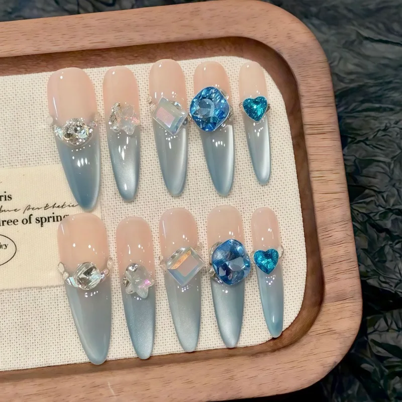 Handmade 2026 Blue French Nail Art Cat Eye Glue on Nails Rhinestone Nails Set Fake Long Almond Press on Nails with Box and Tools