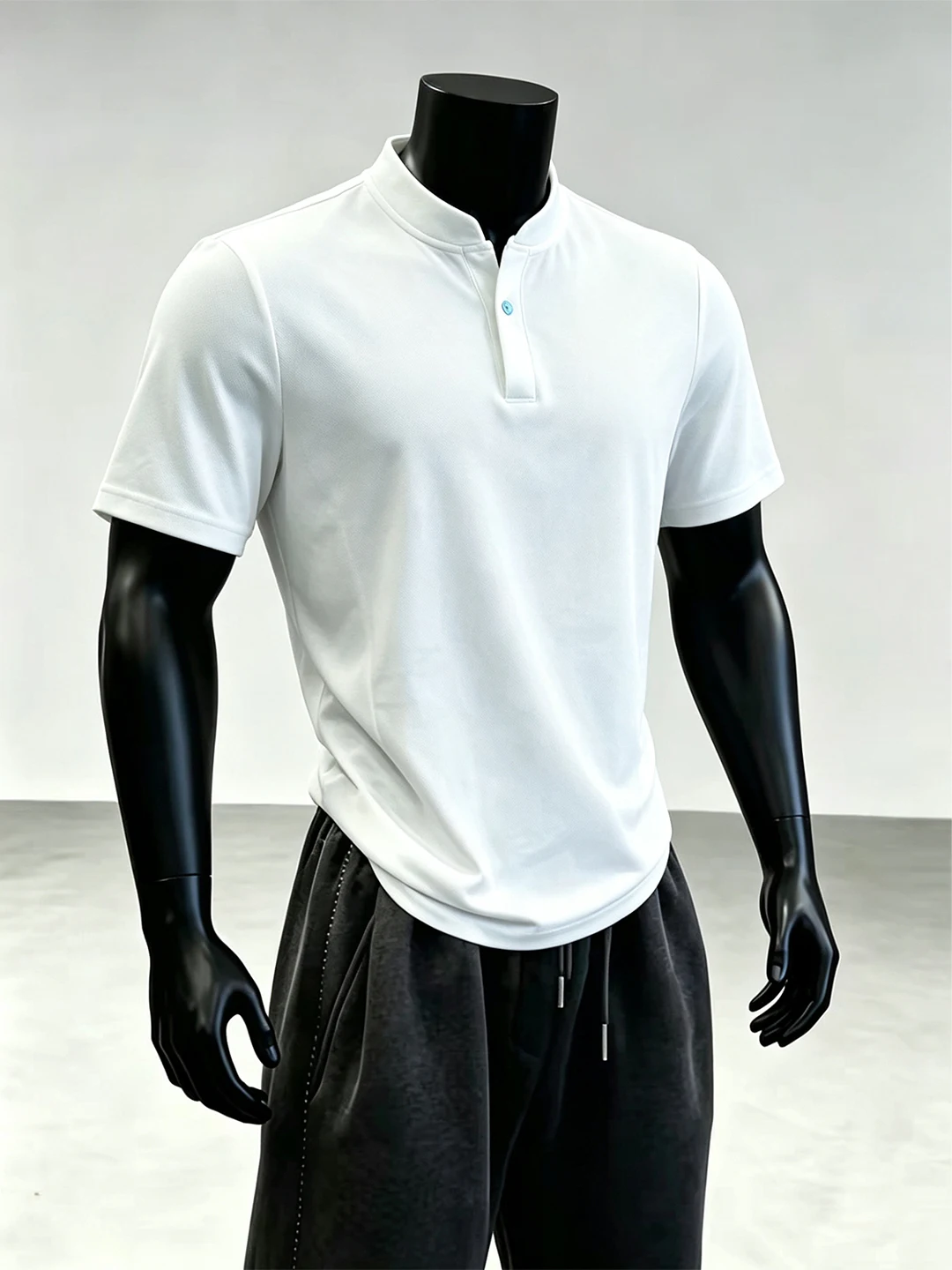 White Pearl Button Short Sleeve V-Neck Henry Shirt T-Shirt Men's Summer CleanFit Heavyweight Breathable Standard Edition