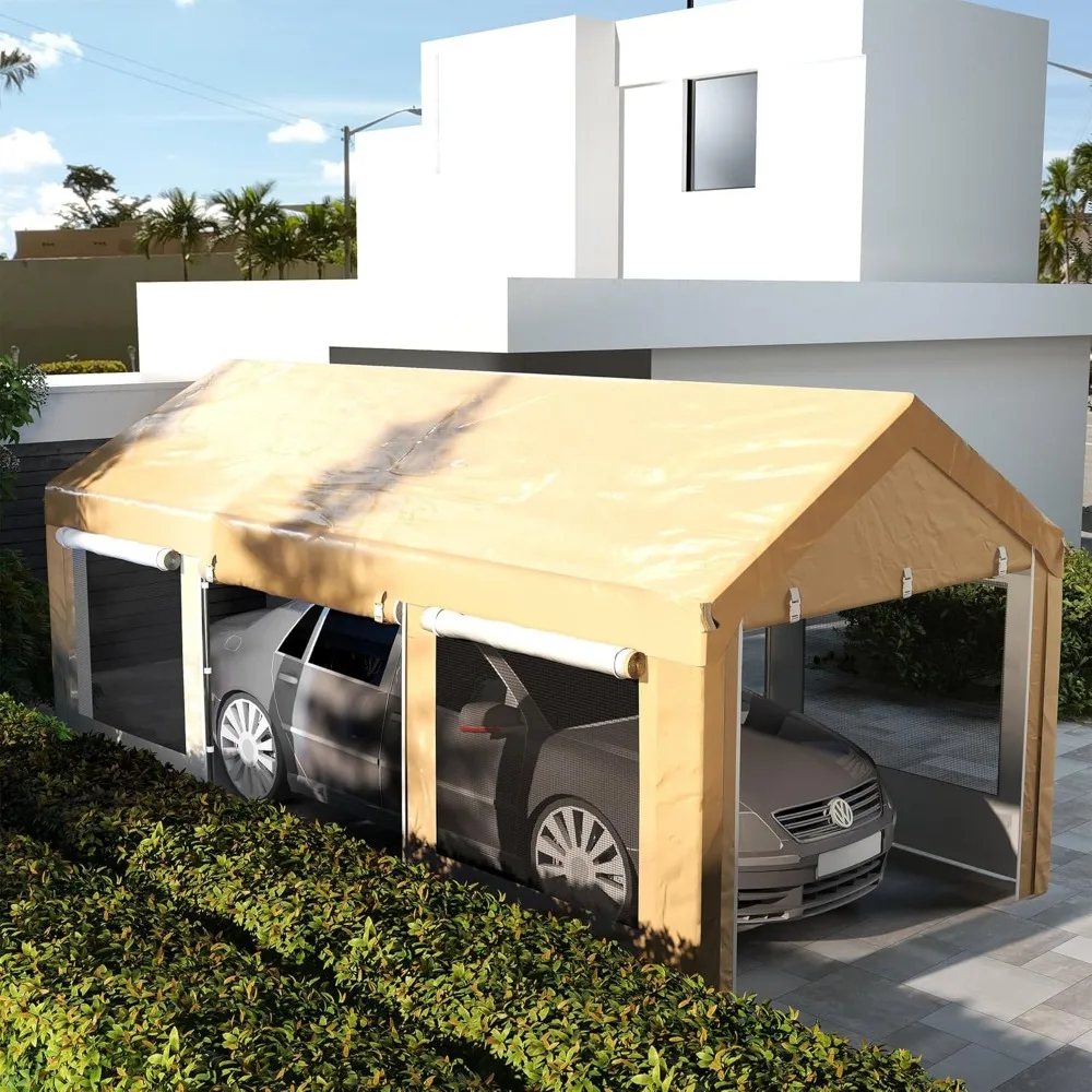 

Carport 10' x 20' Portable Garage, Height Adjustable Heavy Duty Car Port Canopy with 4 Roll-up Doors & 4 Ventilated Win