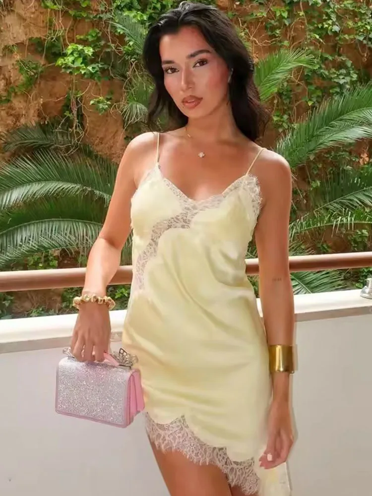 Vestido corto con tirantes empalmado de encaje Sexy de satén 2025 para mujer, sin mangas, sin espalda, asimétrico, vestidos de fiesta sexys, vestido de mujer