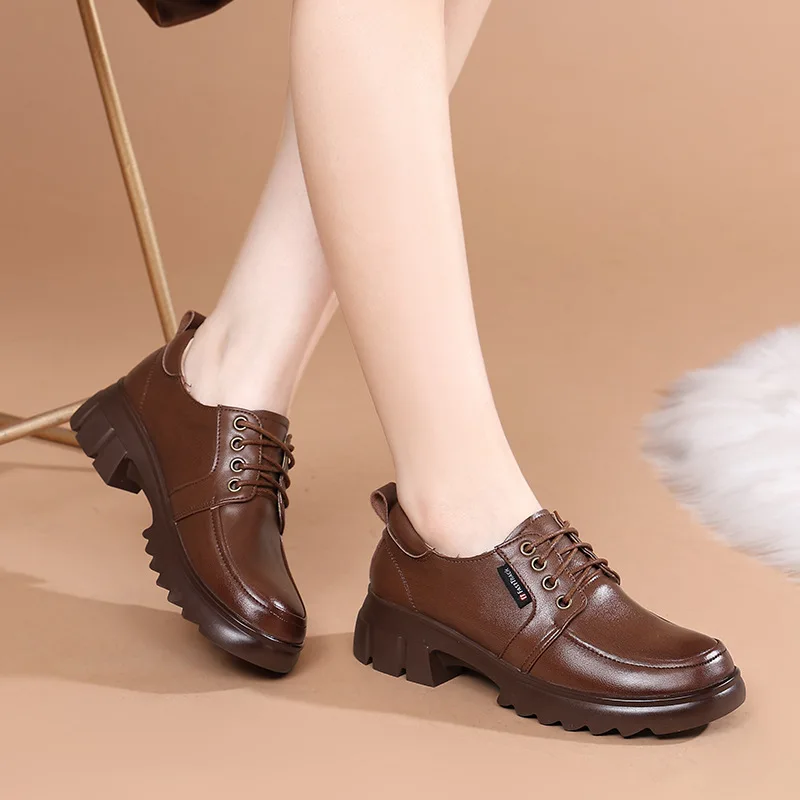 DRKANOL Fashion Women Shoes Lace-Up Round Toe Med Thick Heel Casual Shoes Ladies Real Cowhide Autumn Winter Warm Shoes H5089