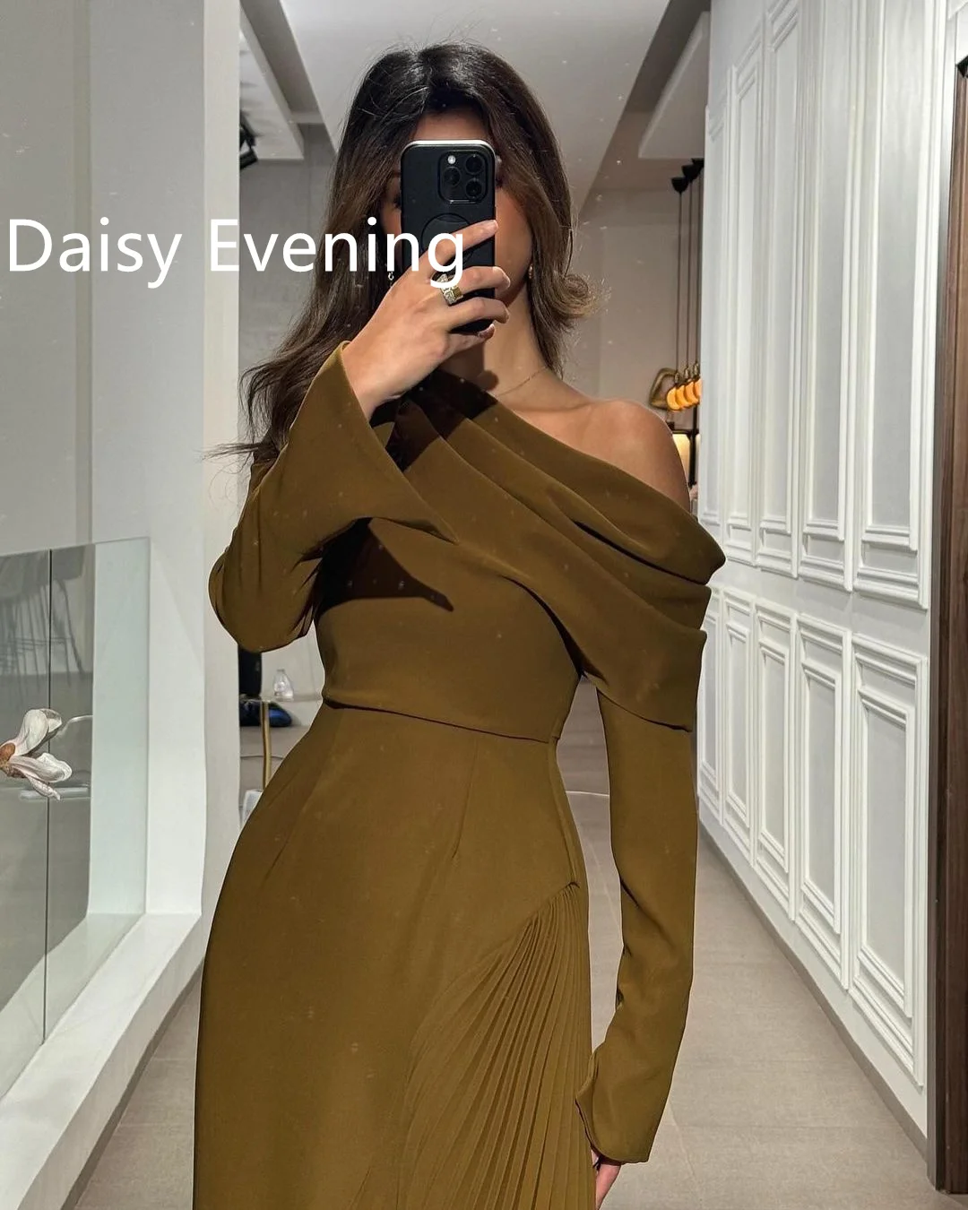 One Shoulder Prom Dresses khaki 2024 Gorgeous Evening Dress Long Sleeves Brown Ankle-length Saudi Arabia Wedding Party Dress