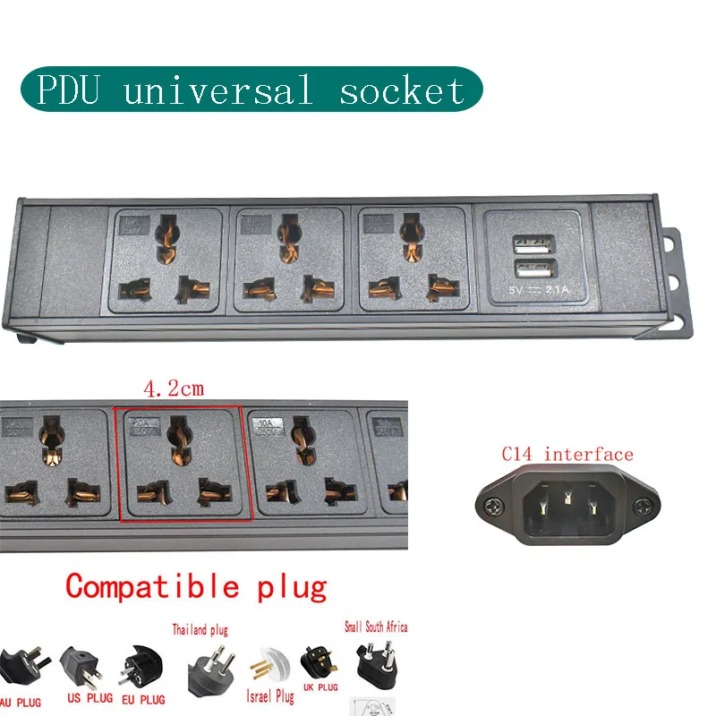 Wireless aluminum alloy shell PDU power board network cabinet rack 10A universal socket C14 interface 1-10AC with 2USB charging