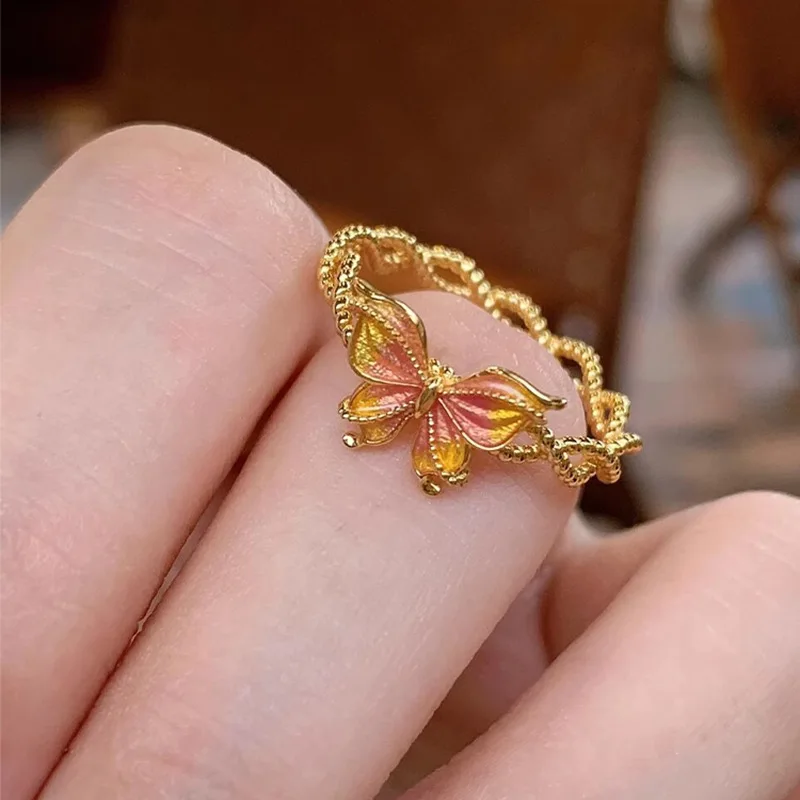 925 Sterling Silver Open Finger Ring Butterfly Flower Stackable Orange Golden Elegant For Women Jewelry Gift Dropship Wholesale