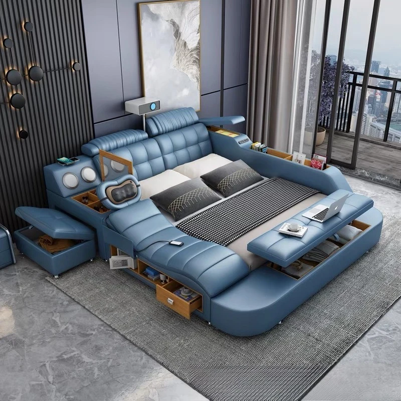 

Light luxury multi-functional intelligent massage tatami cowhide bed master bedroom double bed modern simple projector wedding