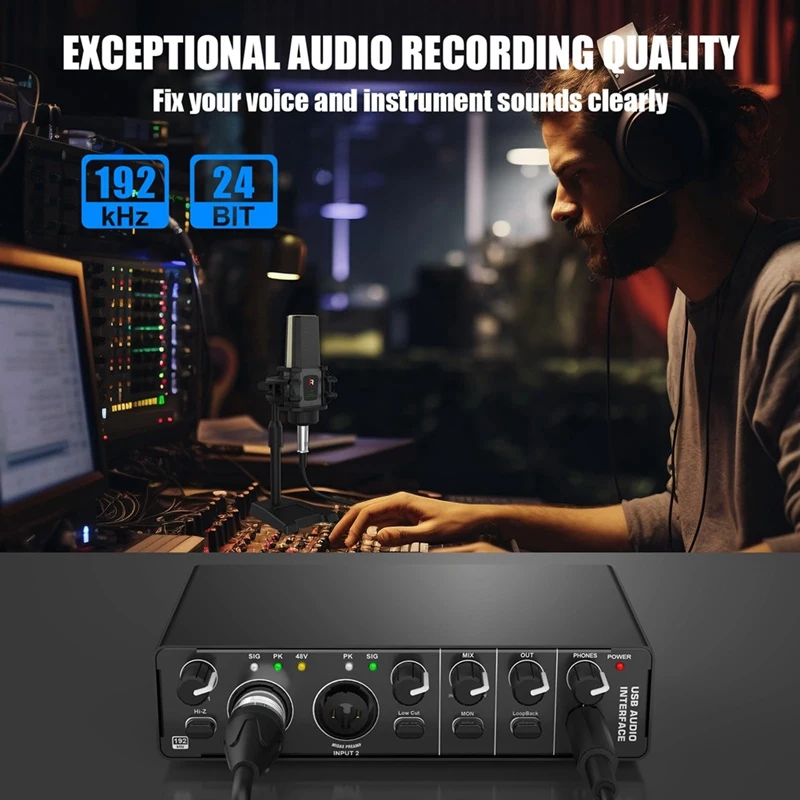 USB Audio Interface, 2 In 2 Out Audio Interface With 48V Phantom Power For Recording,For Guitarist, Vocalist, Podcaster