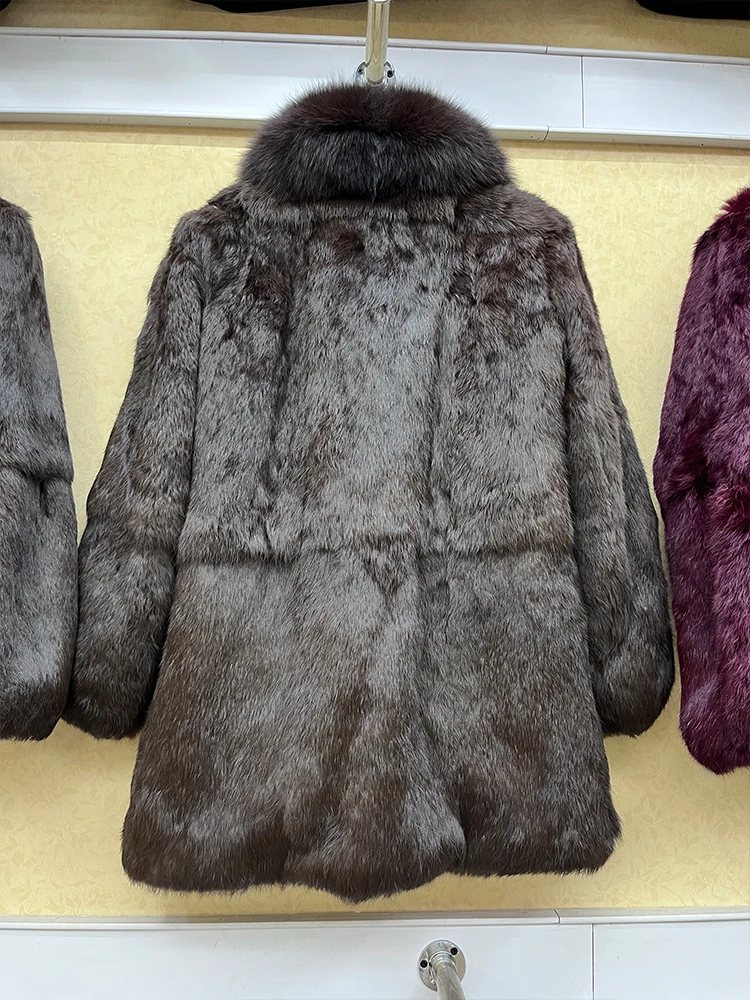 2024 100% Genuine Whole Skin Real Rabbit Fur Coat With Natural Fox Fur Collar Jacket Full Pelt Luxury Rabbit Fur Overcoat