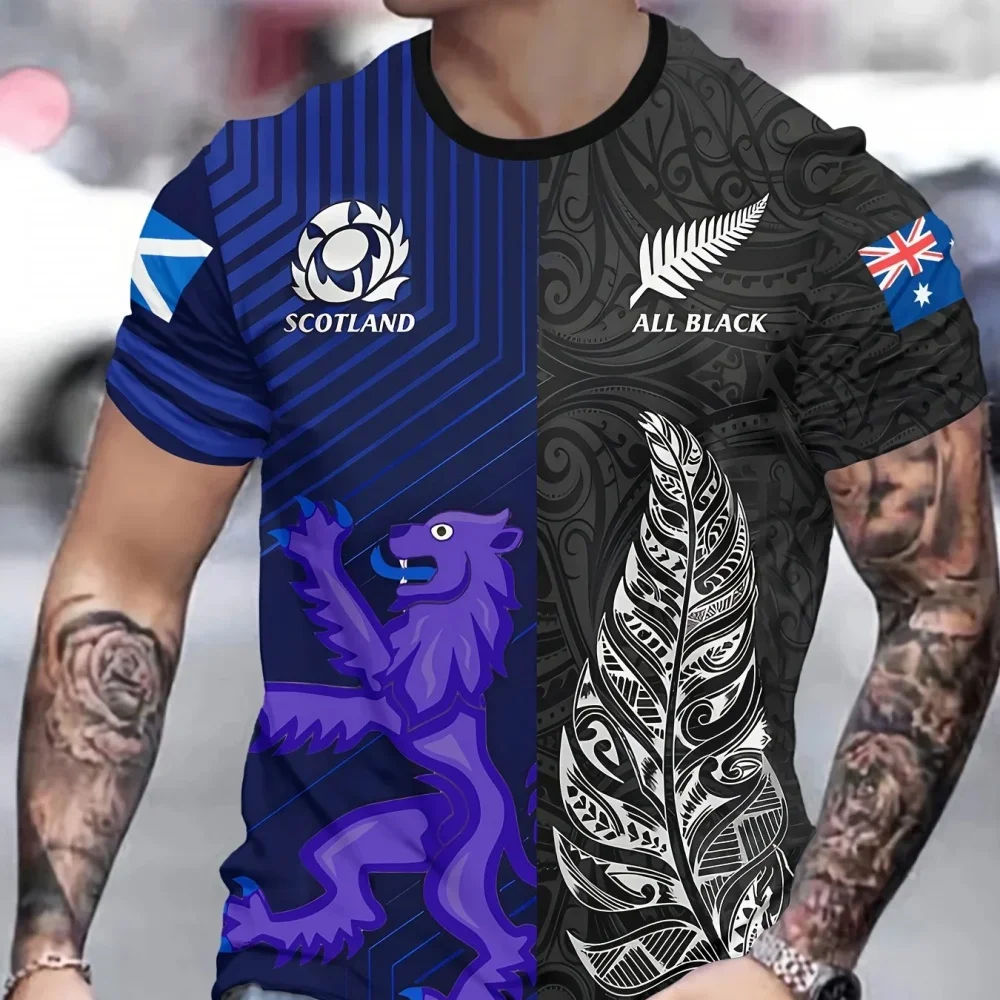 Ganzkörper-T-Shirt mit 3D-Druckgrafik für Herren – Kulturelle Fusion aus Schottland und Neuseeland, kurzärmliges Oberteil, Alltagsmode, O-Ausschnitt, Unisex-T-Shirt