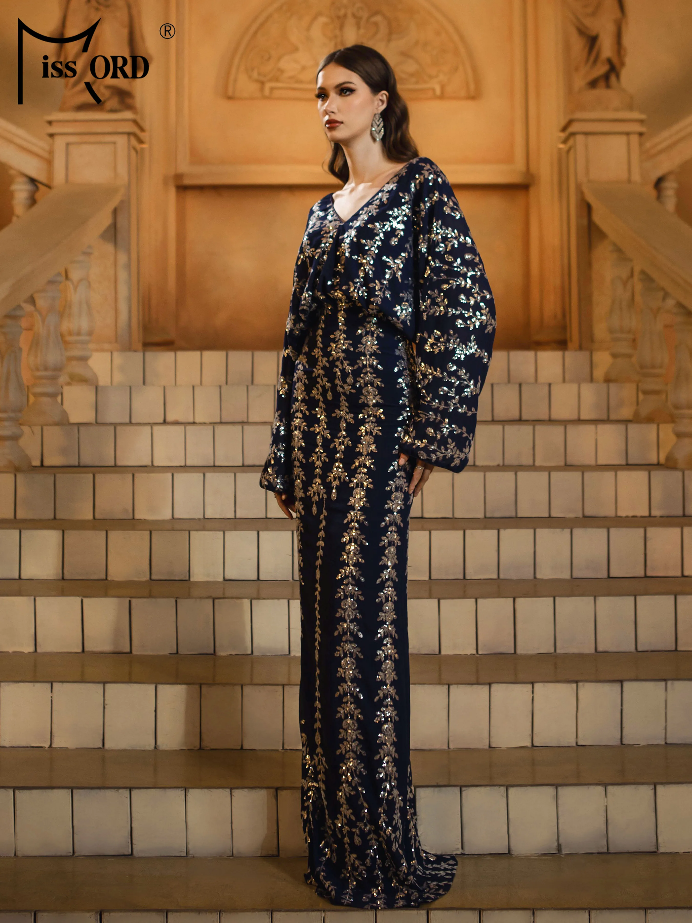 Missord elegante decote em v manga comprida lantejoulas sereia vestido de noite festa de aniversário de casamento alta qualidade luxo até o chão vestido