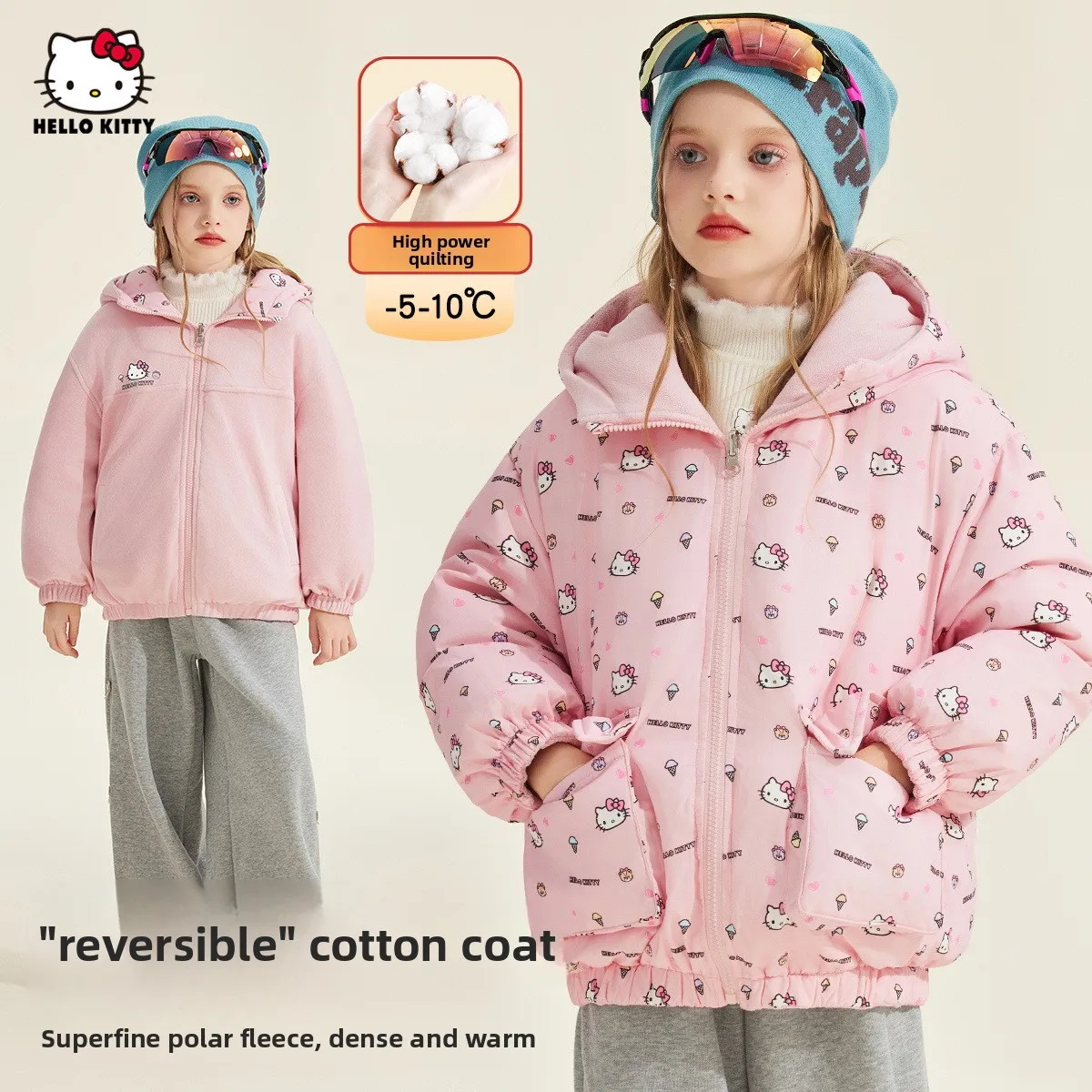 

Зимняя хлопковая куртка Hello Kitty, новинка 2024 года, милая крутая двусторонняя хлопковая куртка с героями мультфильмов для детей среднего возраста