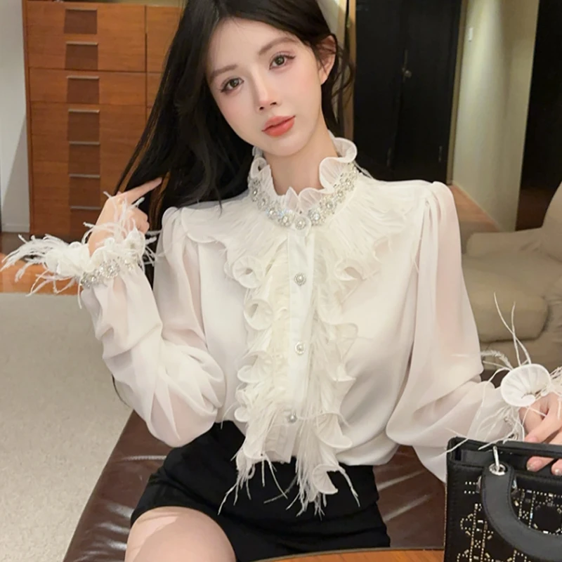 

Sweet Diamond Tassel Tops 2025 Spring Ruffles Collar White Blouse Shirt Single Breasted Diamond Women Clothes