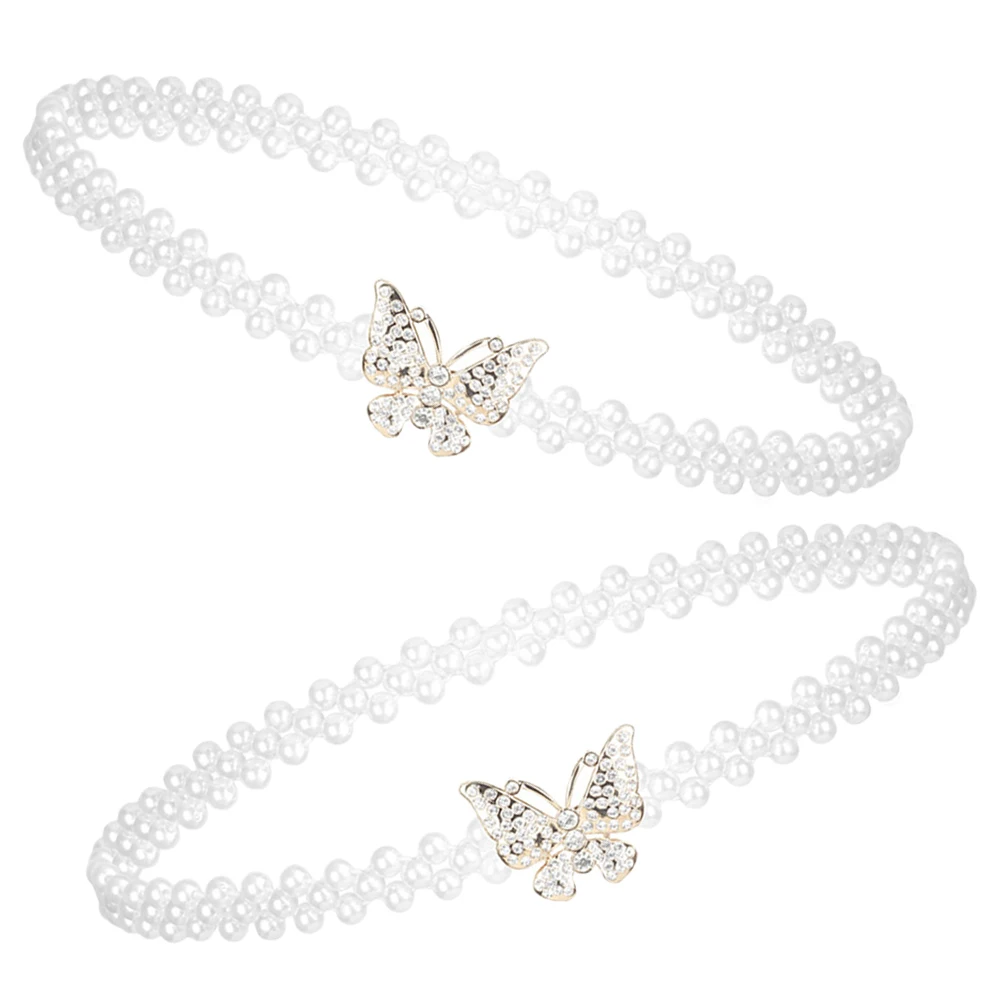 

2Pcs Pearl Elegant Fashion Women Girls Elastic Bowknot Body Pearl Butterfly Sash Waist Chain Belly Jewelry Waistbelt