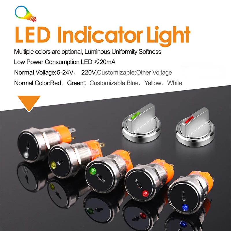 LANBOO 19/22mm 2/3 Position Push Button Switch 1NO1NC/2NO2NC Metal selector Rotary Switch with LED 12V24V220V
