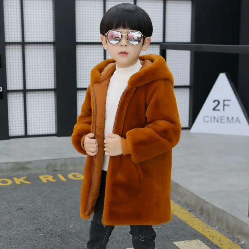 Boys Fur Coat Thick Cotton Children Girls Imitation Mink Plush Coat Windproof Sleeves Hooded Zipper Autumn and Winter Coat #6