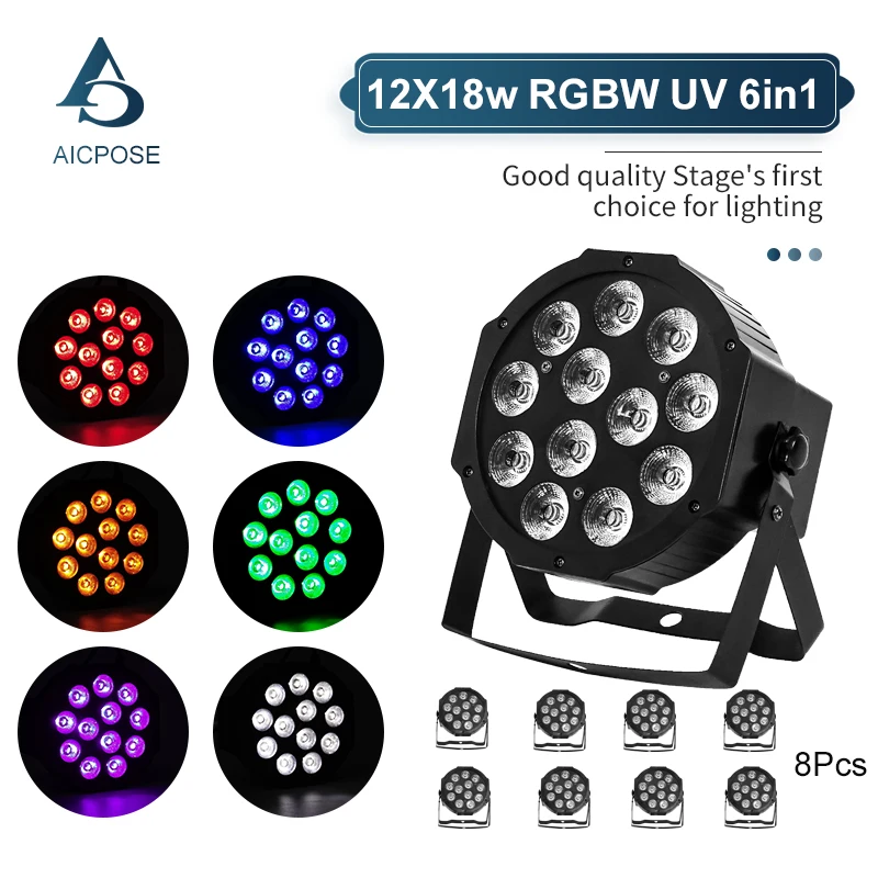 

8Pcs/Lots 12x12W/12x18W RGBWA+UV 6 in 1 LED Par Light Wireless Remote Control Flat Spotlight Church Theater DJ Disco Light