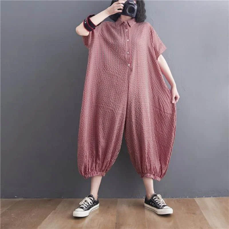 Baumwolle Leinen Overalls lässig Sommer Polo-Ausschnitt Plaid Kurzarm koreanische Mode einteilige Outfits Frauen Kleidung lose Stram pler