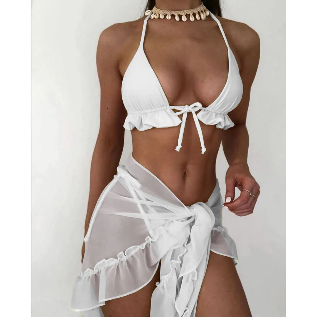 Sexy Bikini mit Sarong, Neckholder und Rüschen, Damen-Badeanzug, dreiteiliges Bikini-Set, Badebekleidung, Badeanzug, Schwimmanzug V4144W – Detail 39