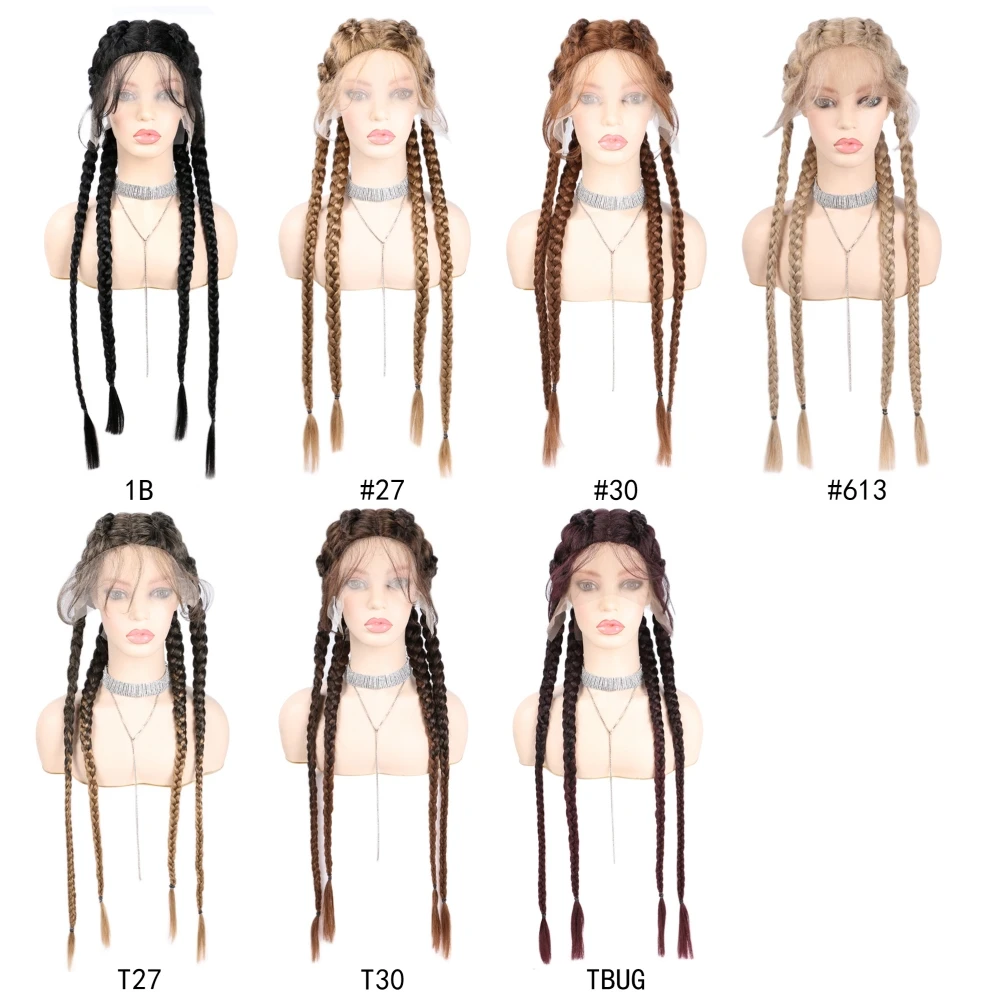 Wig Renda Depan Kepang Sintetis dengan Rambut Bayi Wig Rambut Kepang Panjang 32 Inci Wig Renda Kepang Sintetis Wig Suhu Rendah