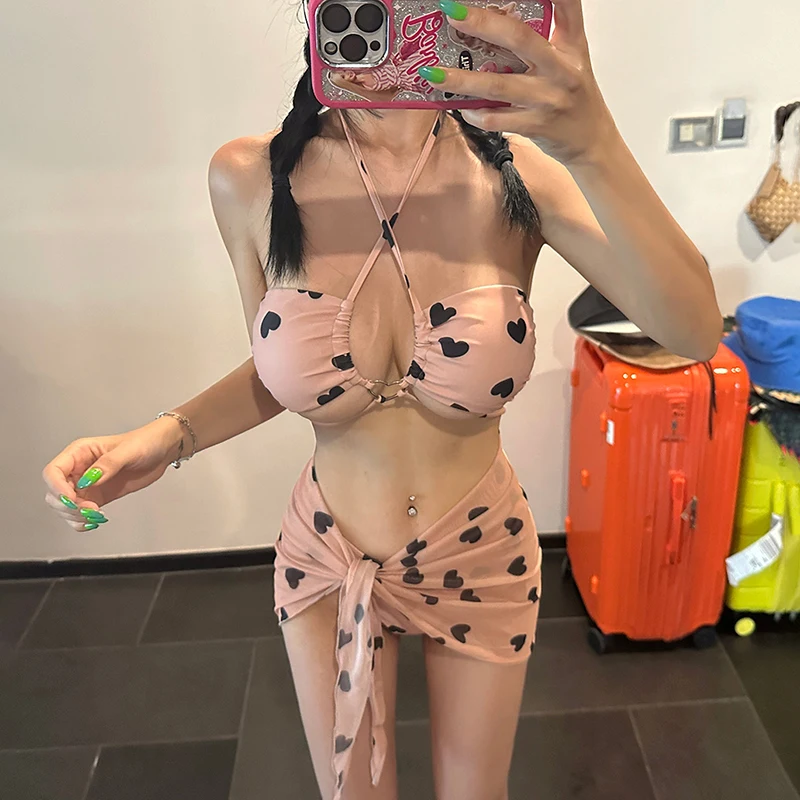

Women's 2026 Heart Print Bikini Tee-piece Set Small Chest Tee-point Skirt Sle Beach Vaion Hot Spring Swimsuit