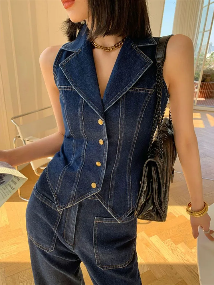 Hong Kong Style Retro Blue Denim Vest Sleeveless Tops Suit Female Summer High Waist Wide-Leg Bell-Bottoms Pants Two-Piece Set