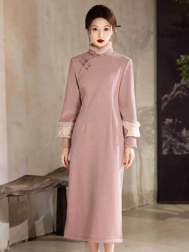 

Women Qipao Elegant Improved Chinese Dress Autumn Winter Jacquard Cotton Chesongam Modern Qipao Sexy Traditional Vestidos