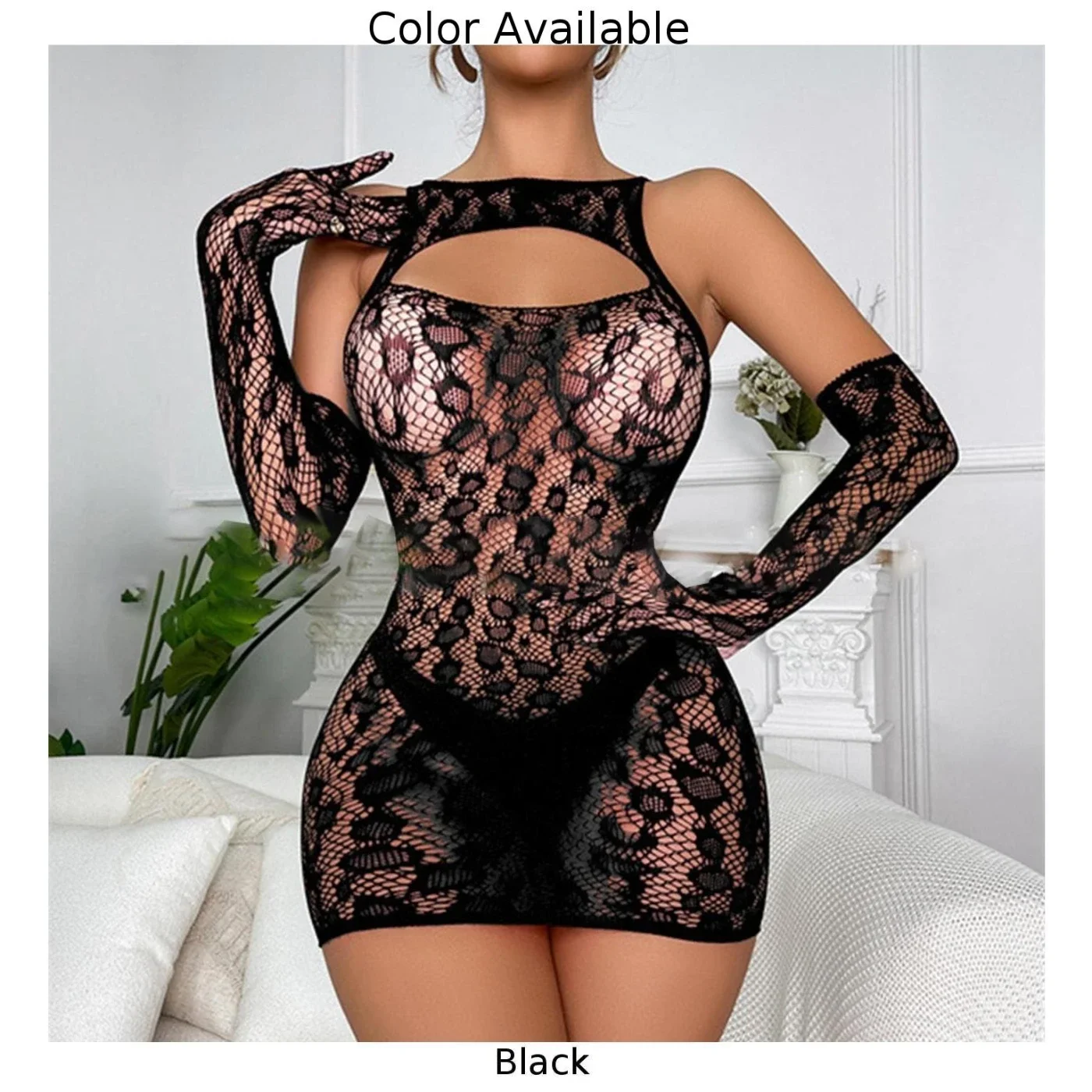 2pcs Women Sheer FishNet Mini Dress +Gloves Sexy Ladies Hollow Out Mesh Dress See Through Erotic Lingerie Sleepwear Nightdress