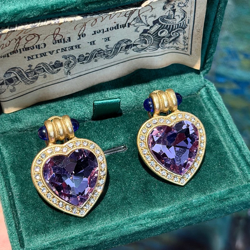 Pendientes de corazón de lujo con cristales de color rosa y violeta para mujer, accesorios de amor, joyería de diseñador con diamantes de imitación de Color dorado, Día de San Valentín
