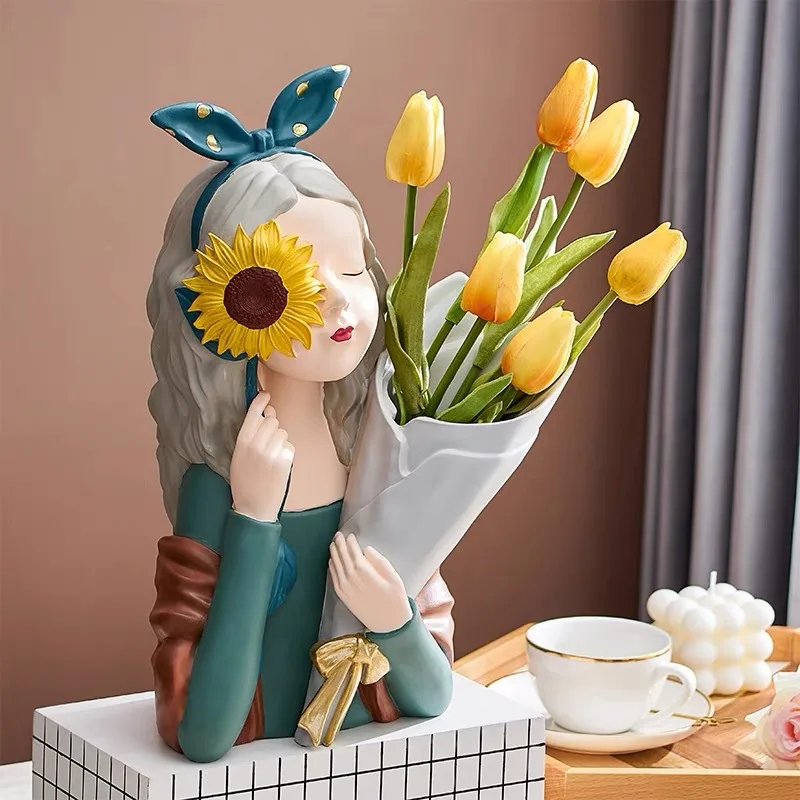 Cute Lady Figurines Flower Vase, Modern Woman Figure Resin Statue, Decorative Table Sculpture, Home Desk Decoration