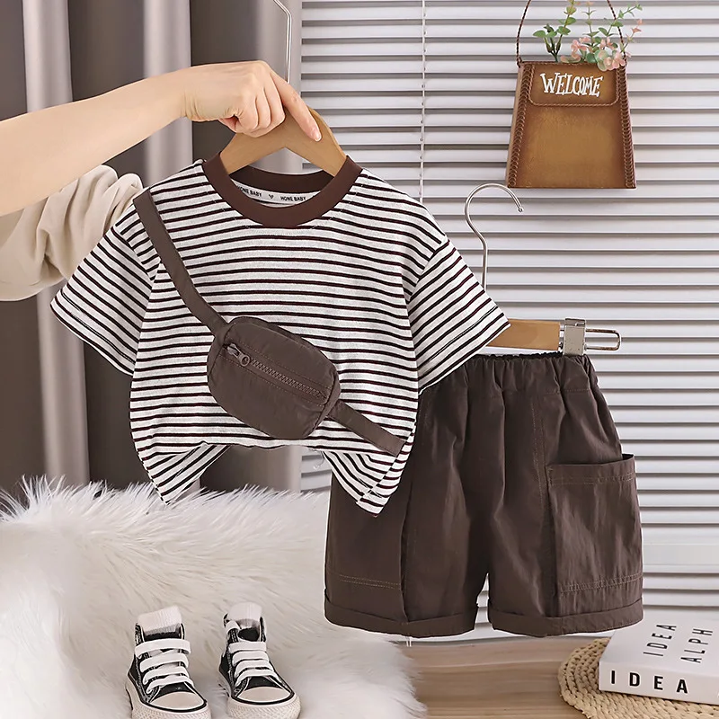 Infant Summer Clothes 2026 New Toddler Boys Striped Short Sleeve T-shirts with Bag and Shorts 2 Piece Set 0-5T Baby Boy Outfits