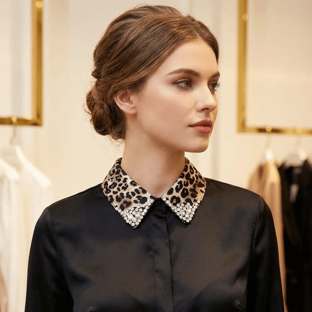 Elegant Detachable Collar Leopard Design Sparkling Rhinestones Neck Accessory Rhinestone Lapel Stylish Decorative Faux Collar